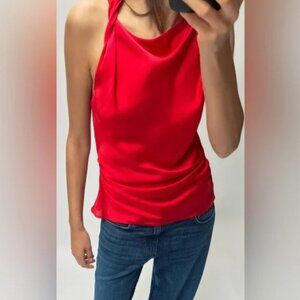 Zara XL Red Satin Tank w/ Twisted Straps and Ruching EUC